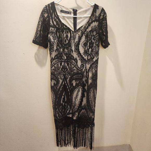HOMEYEE Women's Black Bodycon Lace Fringe midi dress size 8 - Picture 2 of 12
